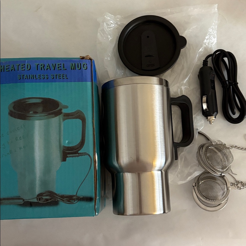 Heated Travel Mug Stainless Steel with 2 Tea diffusers new in box Set